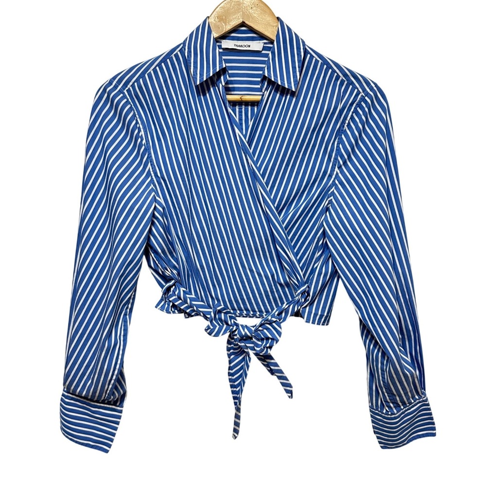 Thakoon Crop Wrap Blouse Womens Medium‎ Blue White Striped Long Sleeve Preppy